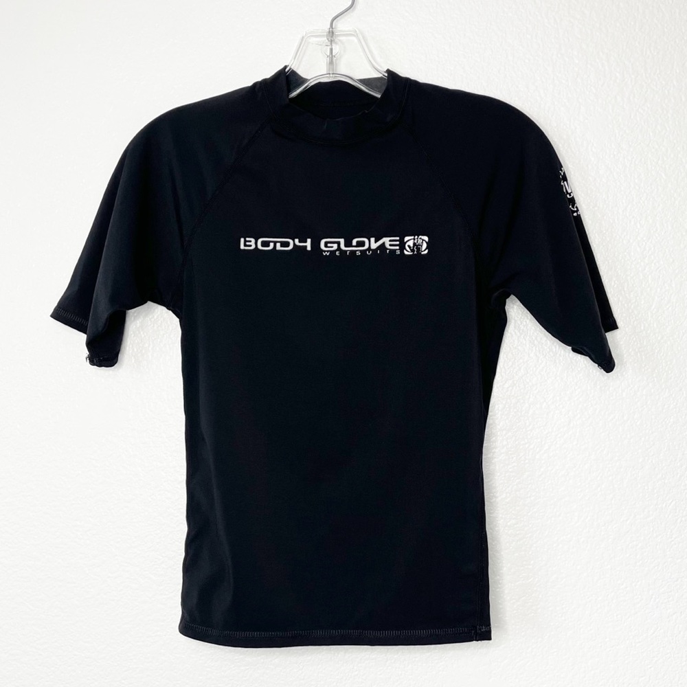 Youth Body Glove Rashguard Swim Shirt XS Black Short Sleeve Beach Surfing Vtg